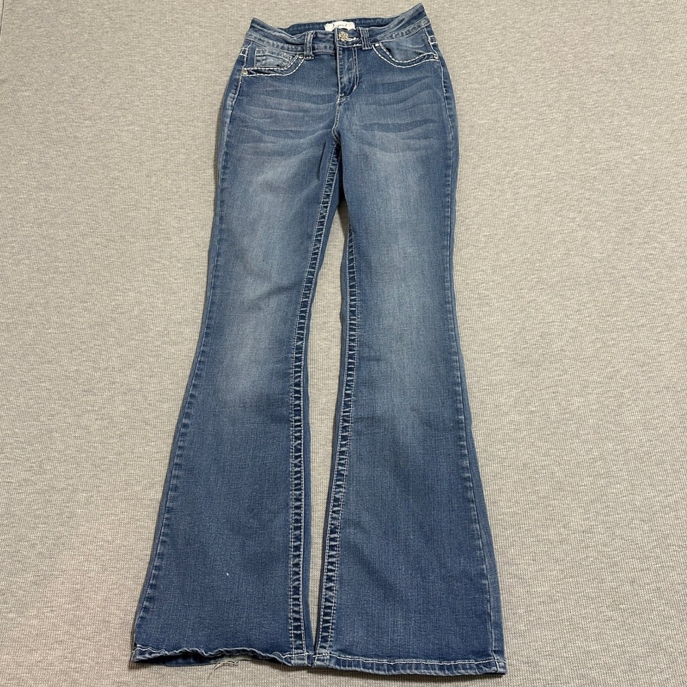 Legend Womens Flare Jeans Y2K Rhinestone Contrast Stitch Medium Wash Blue Size 3